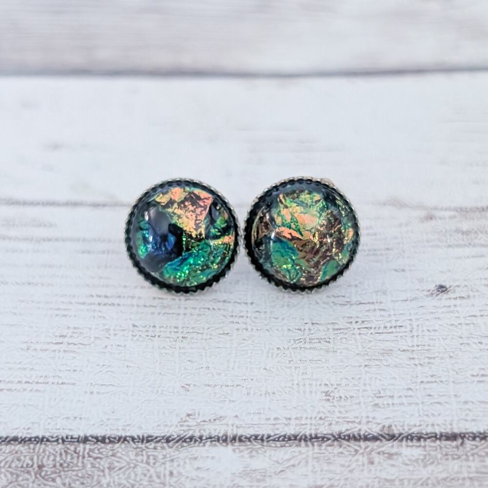 Vintage Stud Earrings Small & Unusual Dichroic Glass? - Tarnished